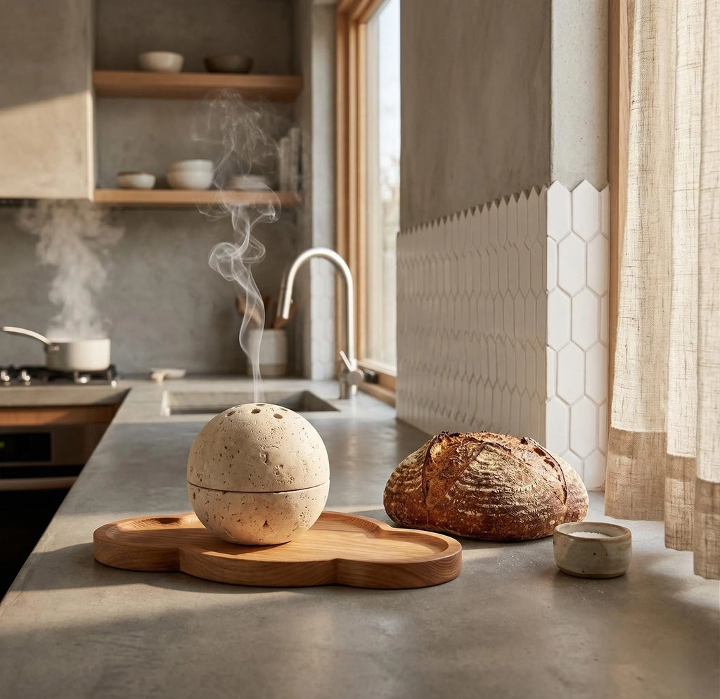 Travertine Stone Sphere Incense Burner - Minimalist Japandi Decor,