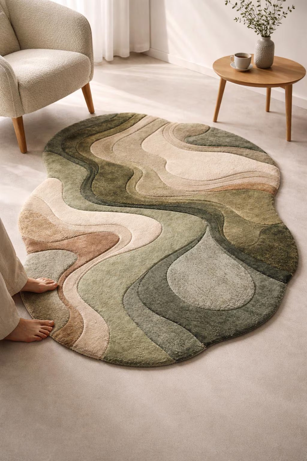 Irregular Abstract Sculpted Wool Rug – Organic Modern Area Rug, Hand Tufted Luxury Carpet for Living Room & Bedroom Decor