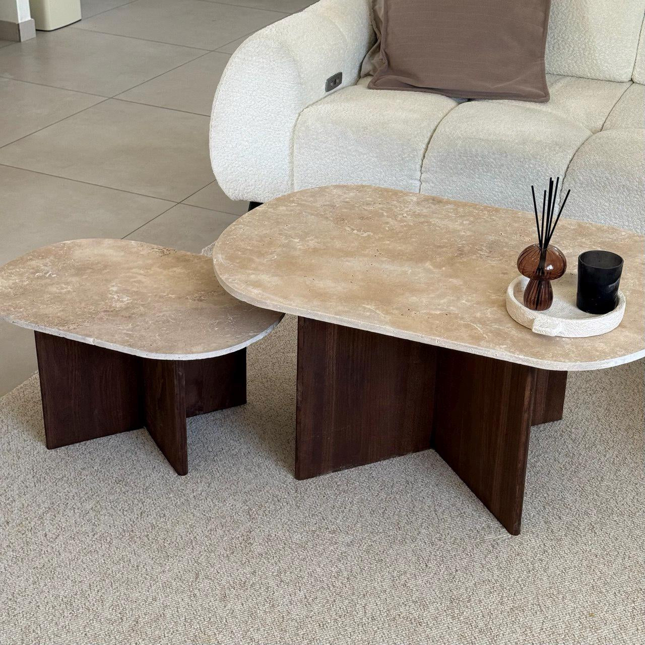 Oval Coffee Table in Travertine and Dark Oak