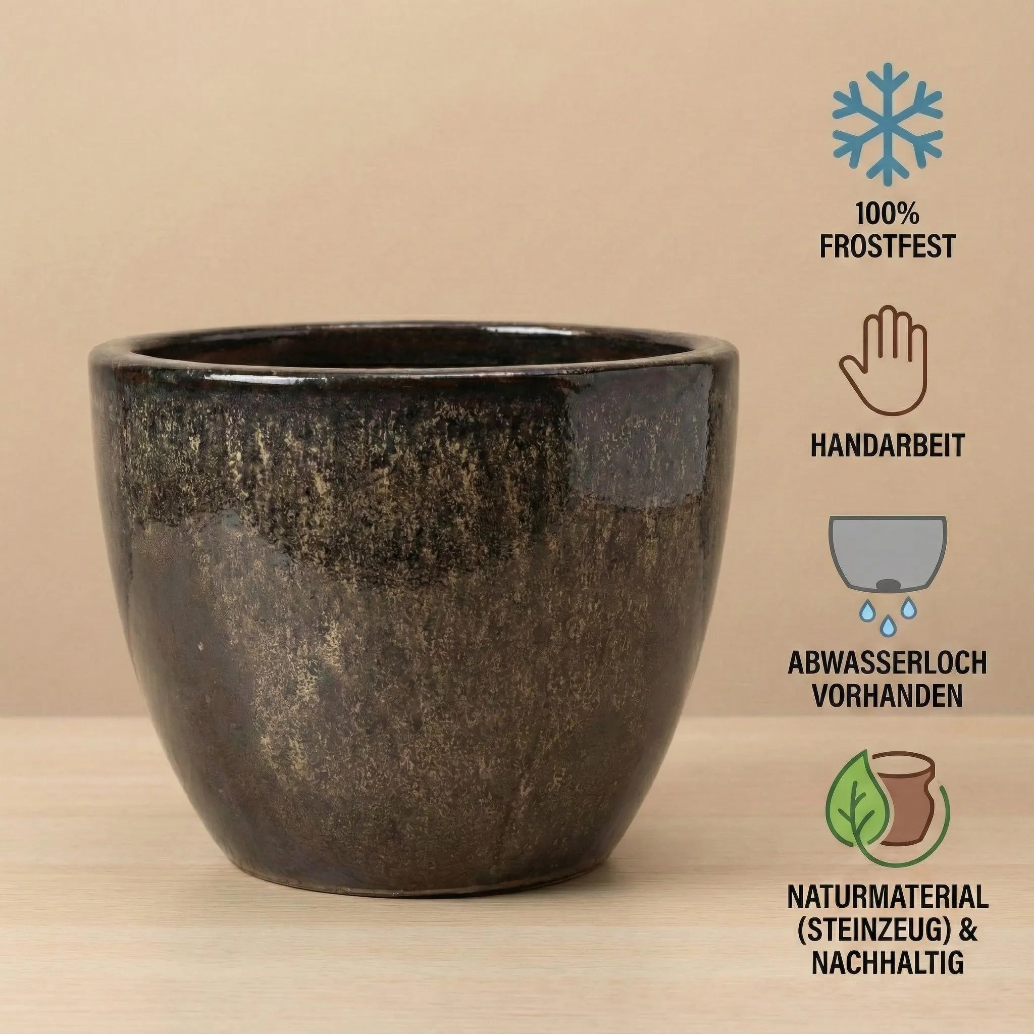 Premium Glazed Ceramic Planter – 100% Frost-Resistant and Handmade. Egg Pot Flower Pot with Drainage Hole for Indoor/Outdoor Use. Color: Brown