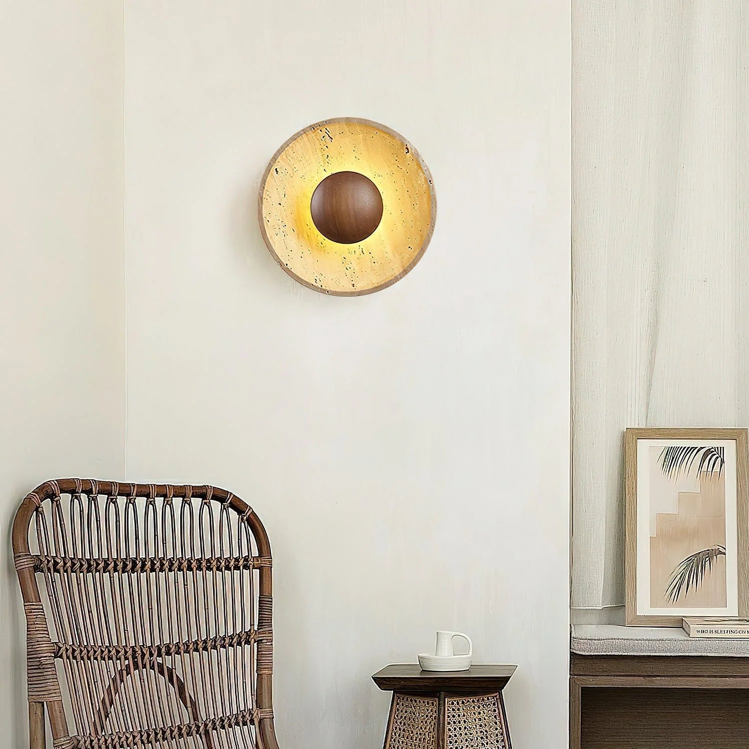 Wandlamp Travertin Hout Rond Warm Licht Woonkamer Slaapkamer Hal Natuursteen Design Wandverlichting Binnen | Restfield