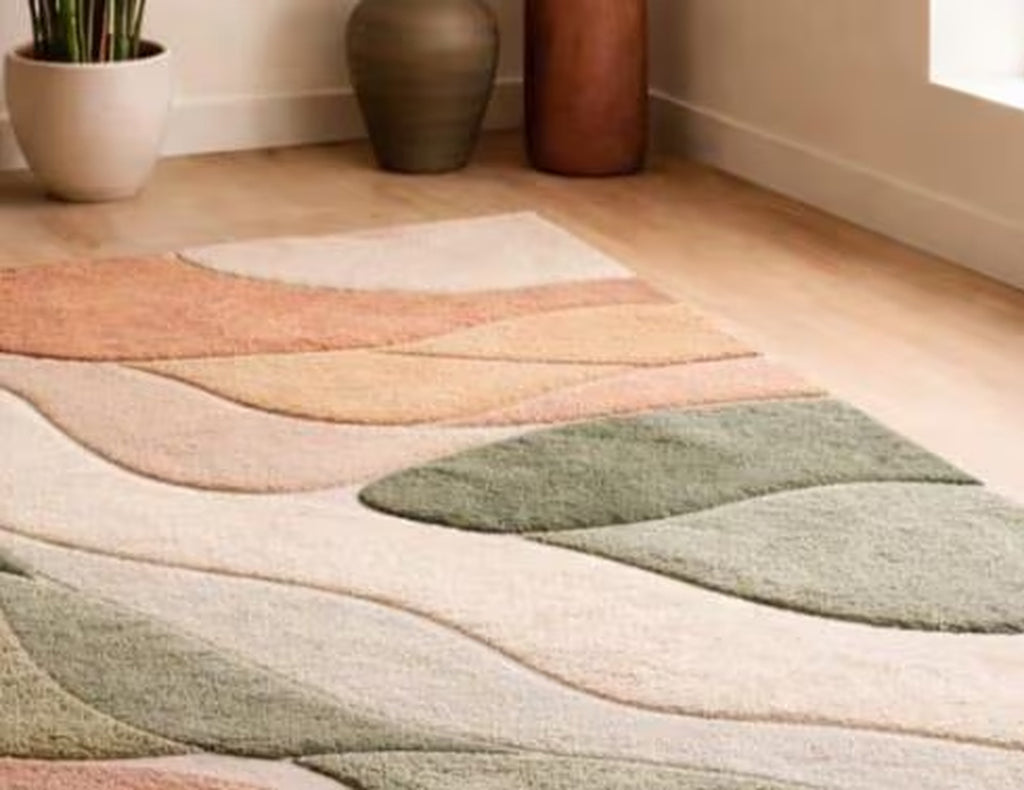 Modern Abstract Hand Tufted Area Rug in Sage Green Terracotta & Beige, High Low Texture Soft Carpet for Living Room