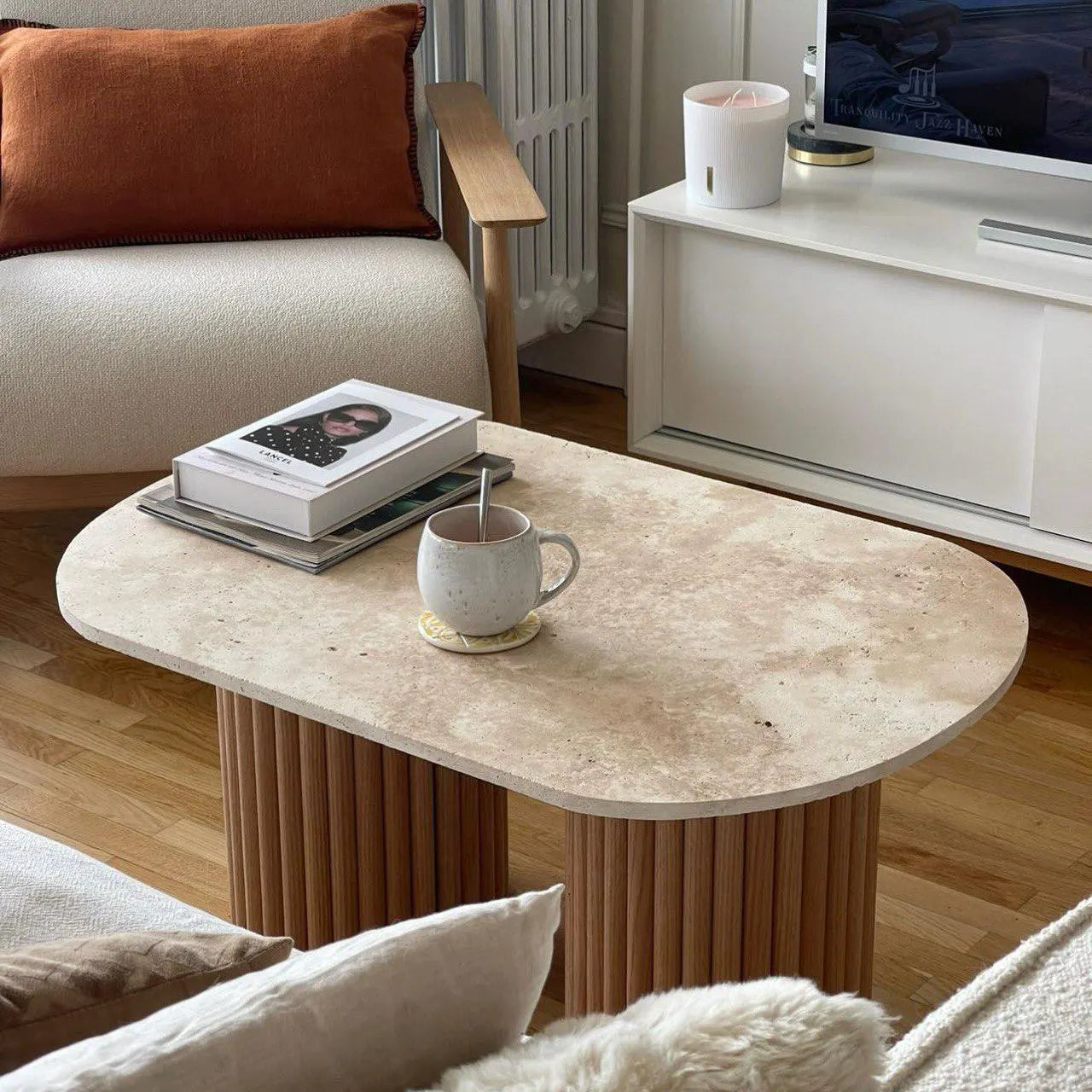 Oval "Pillar" Coffee Table, GENUINE Travertine and Fluted Wood | Raw Oak