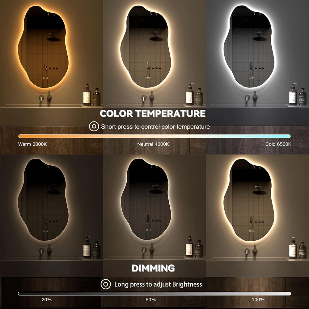 LED Bathroom Mirror,Asymmetrical,Touch Switch,Dimmable,3Cct,Adjustable Bathroom Mirror with Lighting,Anti-Fog, 85 X 52 Cm