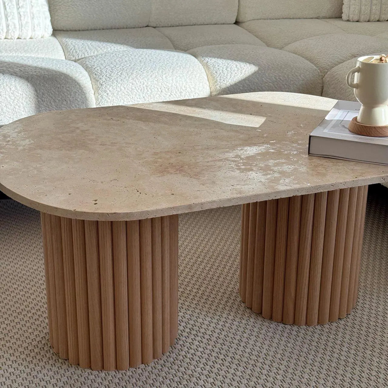 Oval "Pillar" Coffee Table, GENUINE Travertine and Fluted Wood | Raw Oak