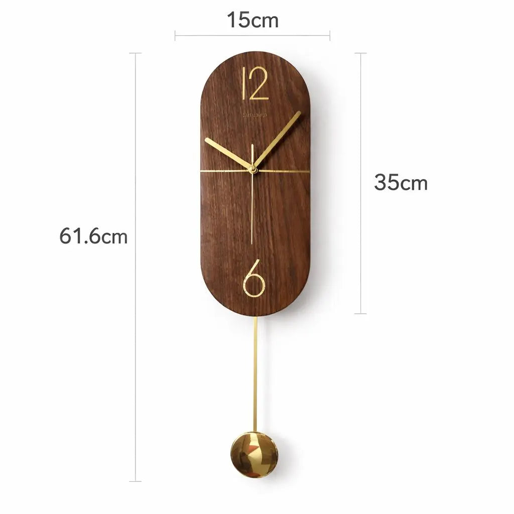 Walnut Oval Wall Clock, Silent Pendulum, Modern Minimalist Home Decor