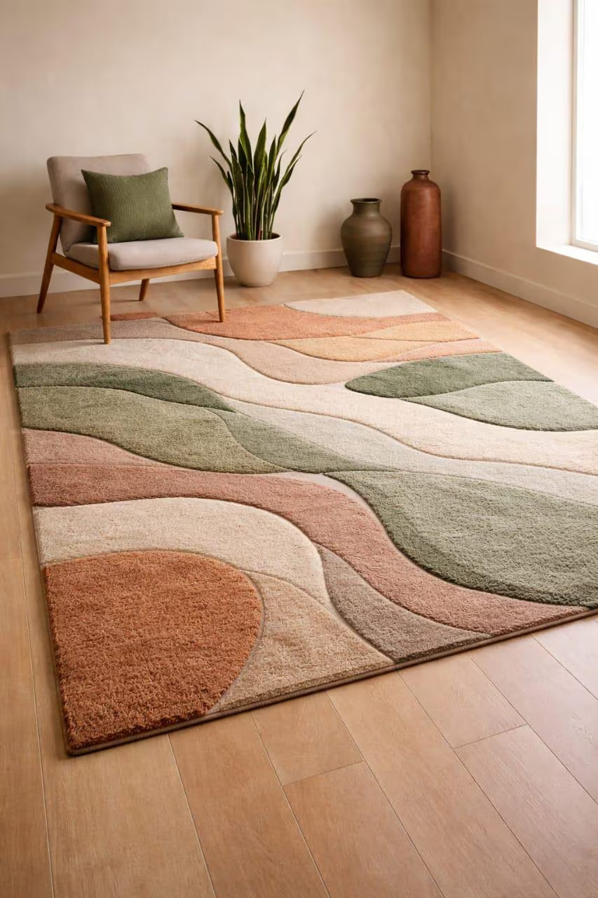 Modern Abstract Hand Tufted Area Rug in Sage Green Terracotta & Beige, High Low Texture Soft Carpet for Living Room