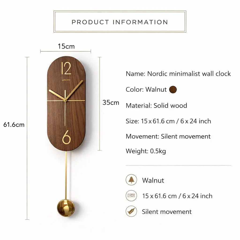 Walnut Oval Wall Clock, Silent Pendulum, Modern Minimalist Home Decor