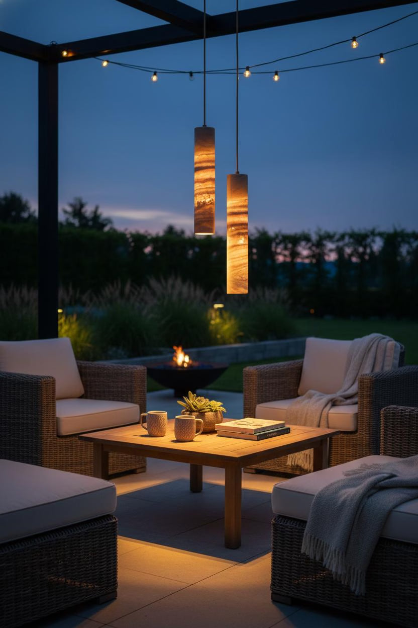 Travertine Pendant Light Cylinder – Wabi Sabi Japandi Stone Lamp, Natural Beige Hanging Light, Kitchen Island Bedside Minimalist Lighting
