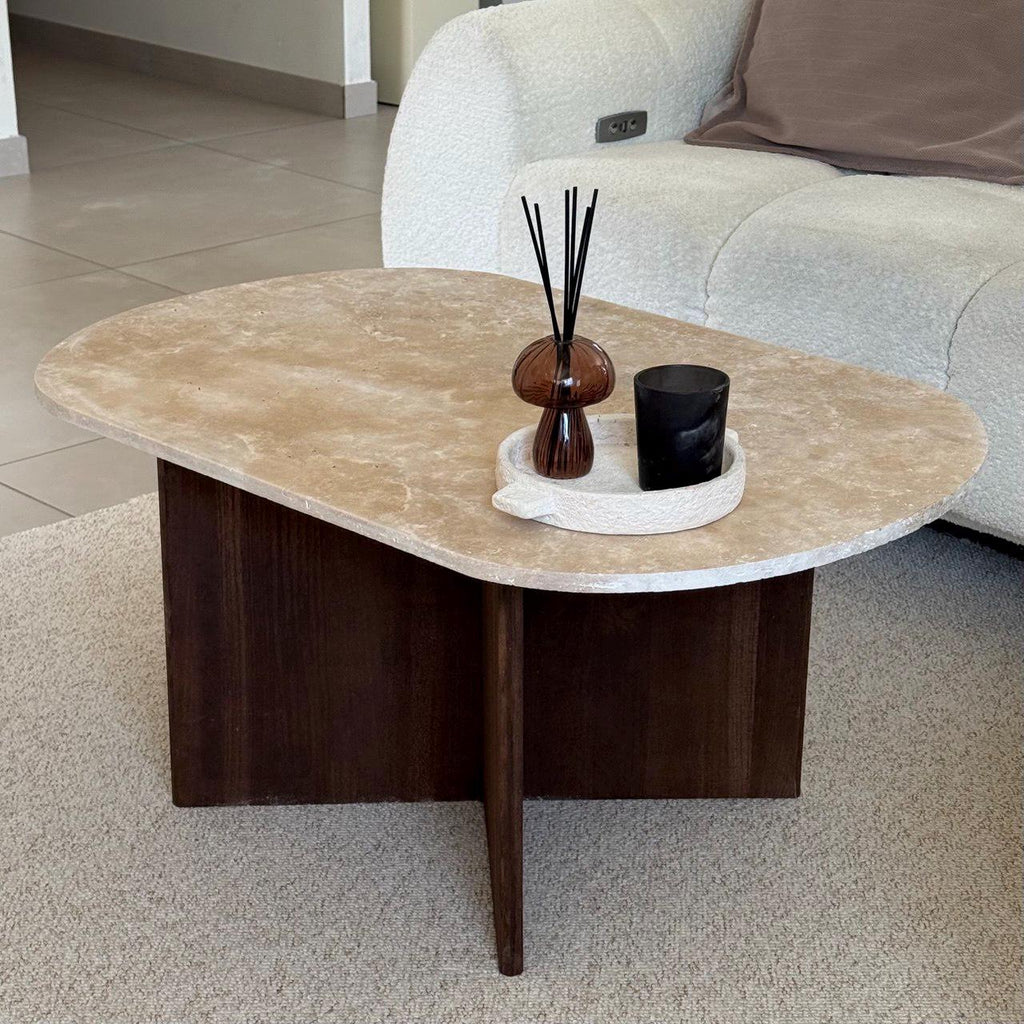 Oval Coffee Table in Travertine and Dark Oak