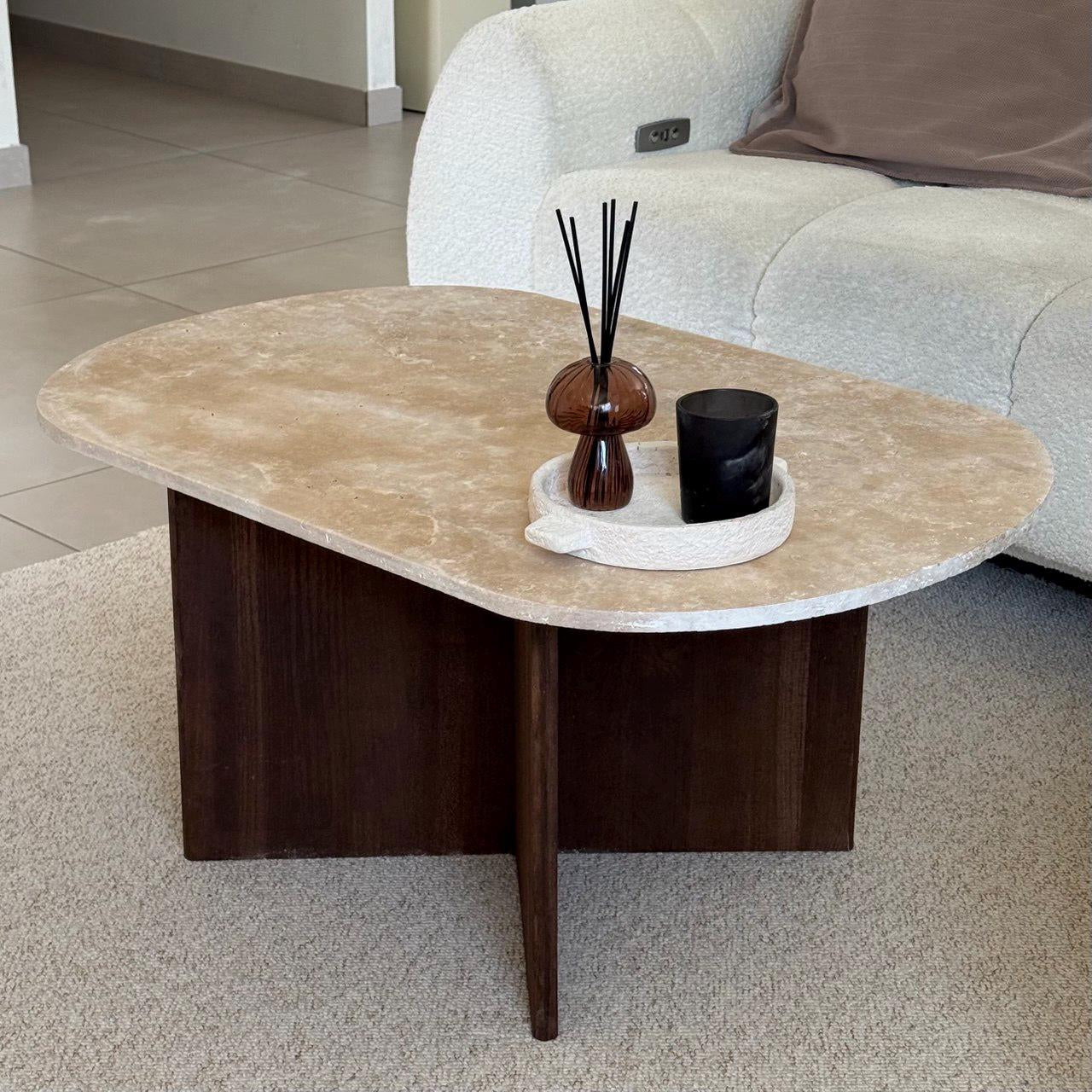Oval Coffee Table in Travertine and Dark Oak