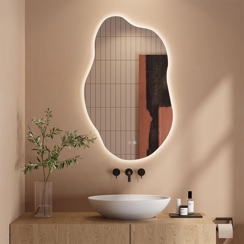 LED Bathroom Mirror,Asymmetrical,Touch Switch,Dimmable,3Cct,Adjustable Bathroom Mirror with Lighting,Anti-Fog, 85 X 52 Cm