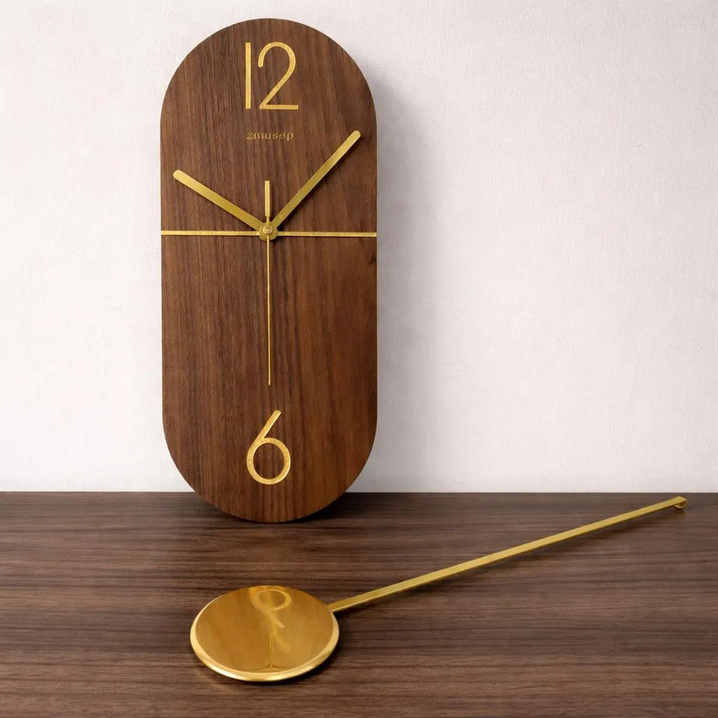 Walnut Oval Wall Clock, Silent Pendulum, Modern Minimalist Home Decor