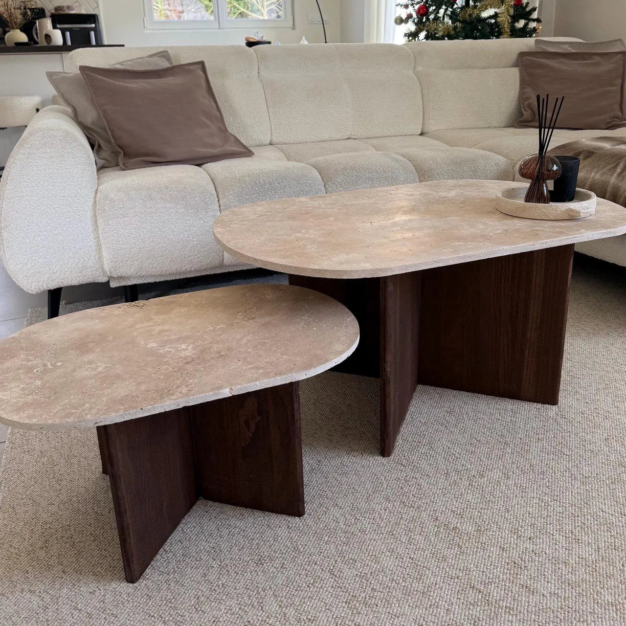Oval Coffee Table in Travertine and Dark Oak