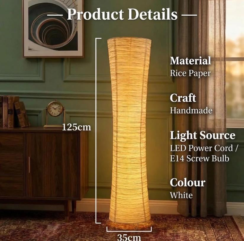 Japanese Style LED Standing Lamp – Minimalist White Paper Lamp for Living Room Decor – Handmade Rice Paper Floor Lamp