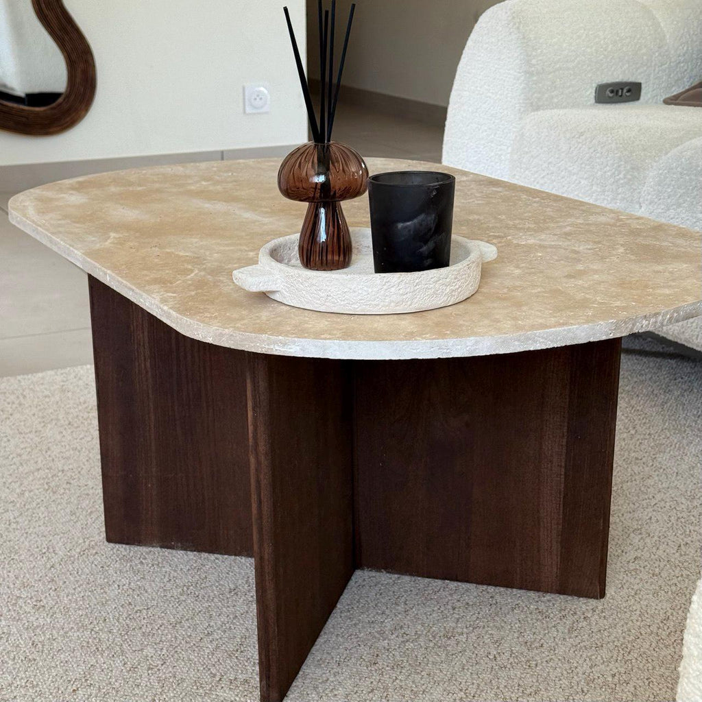 Oval Coffee Table in Travertine and Dark Oak