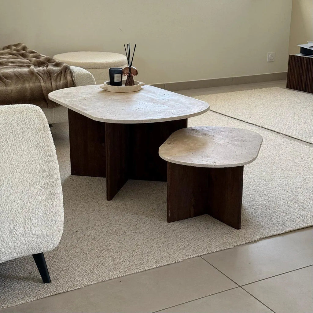 Oval Coffee Table in Travertine and Dark Oak