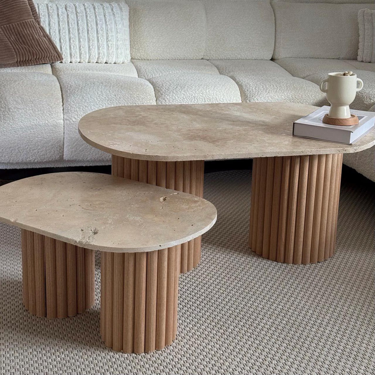 Oval "Pillar" Coffee Table, GENUINE Travertine and Fluted Wood | Raw Oak