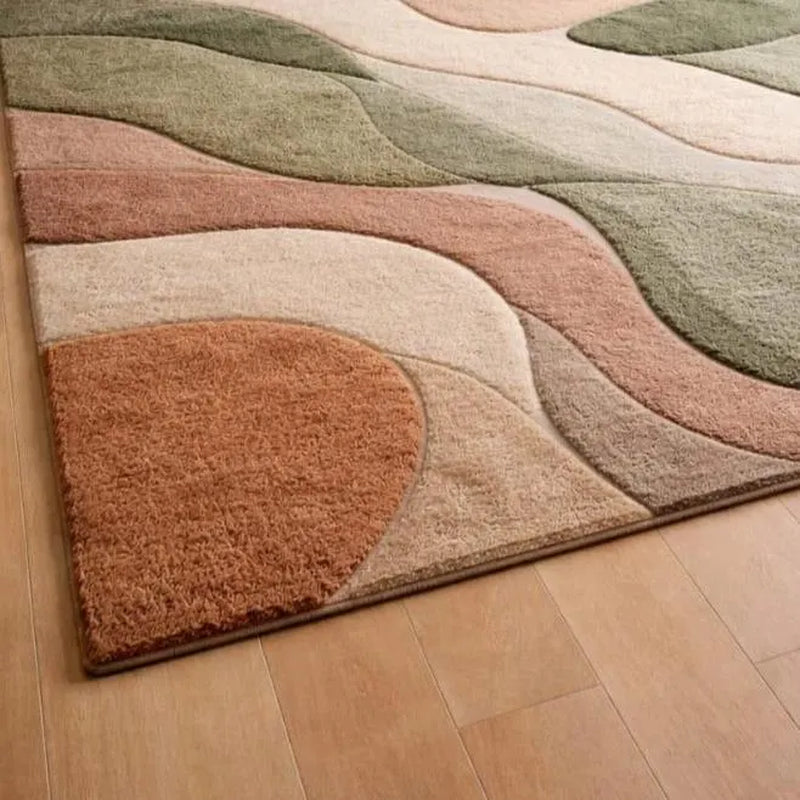 Modern Abstract Hand Tufted Area Rug in Sage Green Terracotta & Beige, High Low Texture Soft Carpet for Living Room