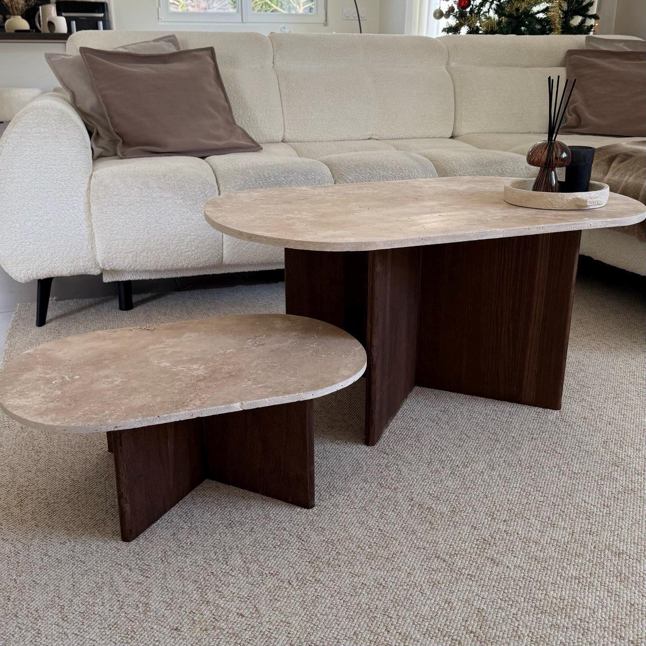 Oval Coffee Table in Travertine and Dark Oak