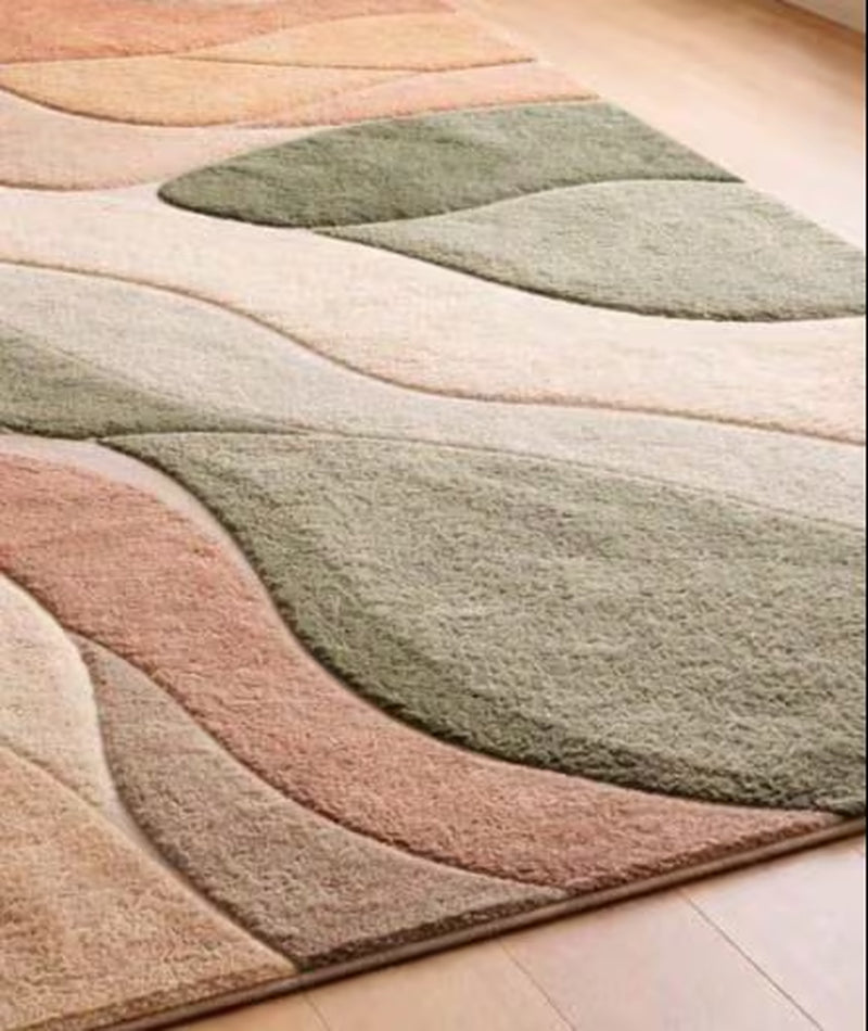 Modern Abstract Hand Tufted Area Rug in Sage Green Terracotta & Beige, High Low Texture Soft Carpet for Living Room
