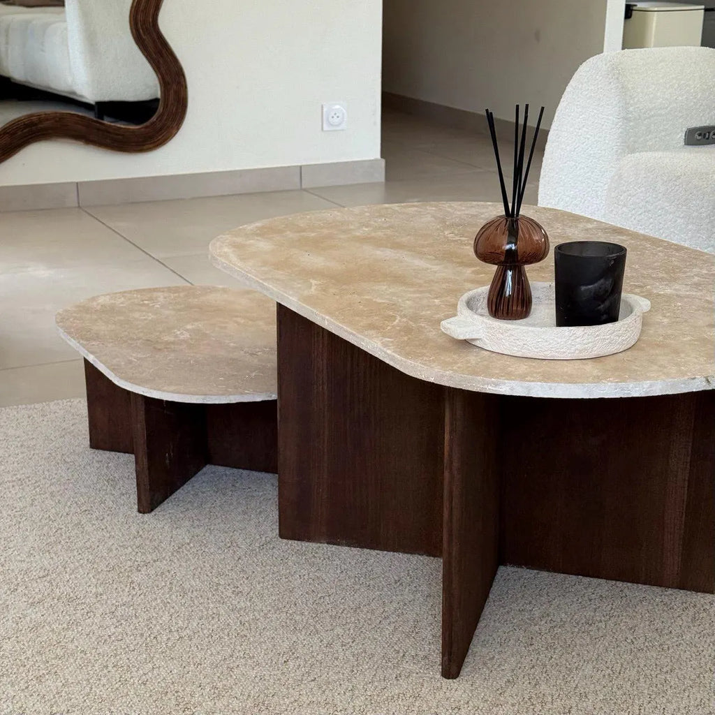 Oval Coffee Table in Travertine and Dark Oak