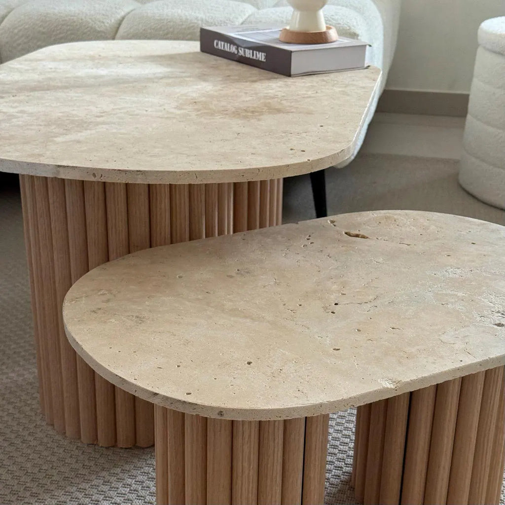 Oval "Pillar" Coffee Table, GENUINE Travertine and Fluted Wood | Raw Oak