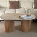 Oval "Pillar" Coffee Table, GENUINE Travertine and Fluted Wood | Raw Oak