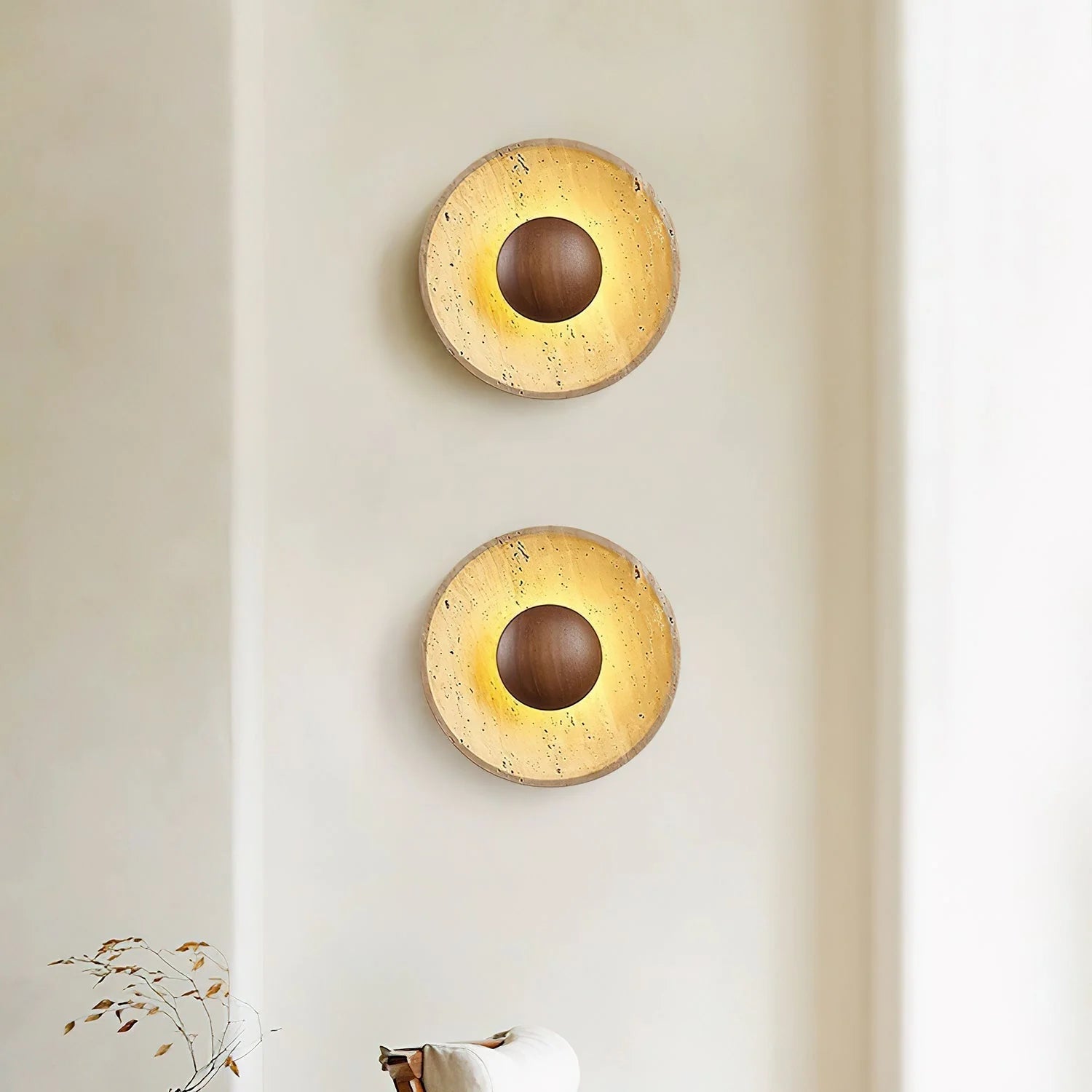Wandlamp Travertin Hout Rond Warm Licht Woonkamer Slaapkamer Hal Natuursteen Design Wandverlichting Binnen | Restfield