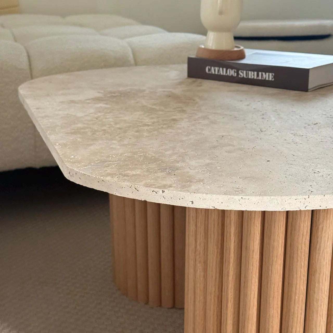Oval "Pillar" Coffee Table, GENUINE Travertine and Fluted Wood | Raw Oak