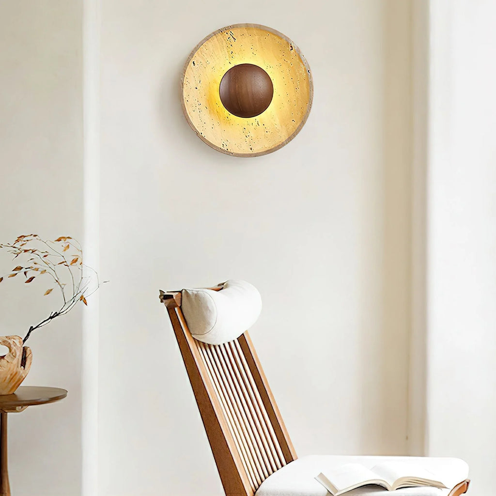 Wandlamp Travertin Hout Rond Warm Licht Woonkamer Slaapkamer Hal Natuursteen Design Wandverlichting Binnen | Restfield
