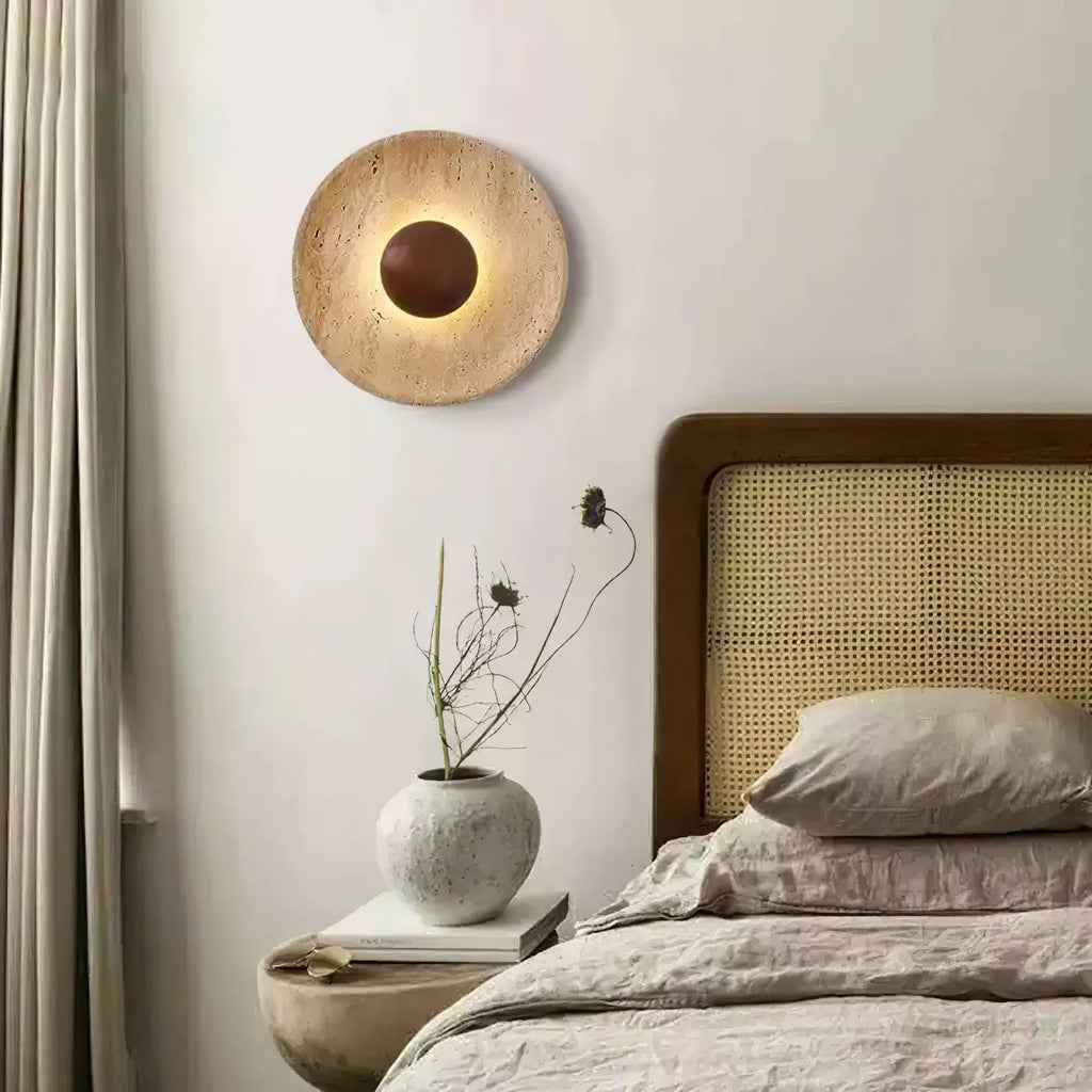 Wandlamp Travertin Hout Rond Warm Licht Woonkamer Slaapkamer Hal Natuursteen Design Wandverlichting Binnen | Restfield