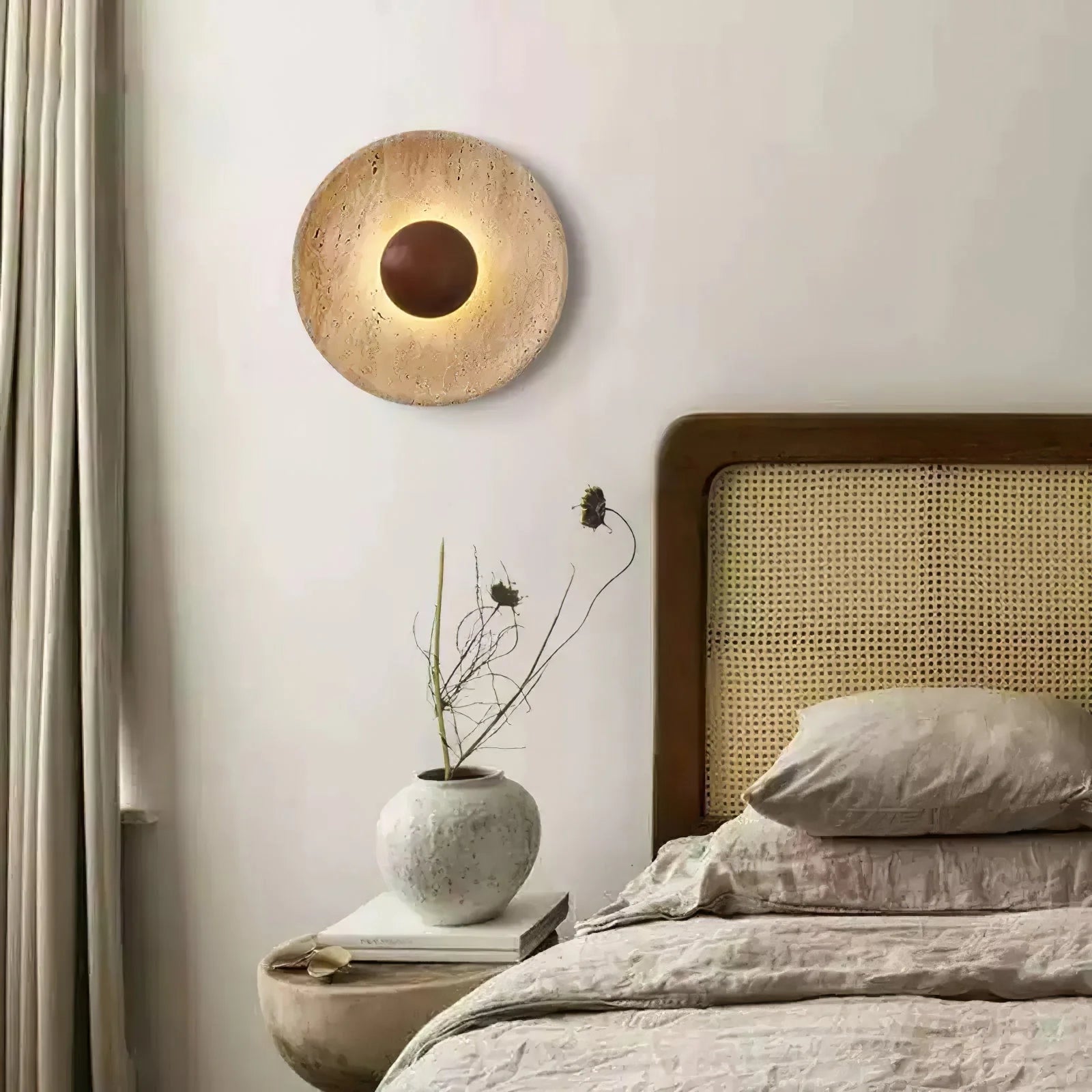 Wandlamp Travertin Hout Rond Warm Licht Woonkamer Slaapkamer Hal Natuursteen Design Wandverlichting Binnen | Restfield