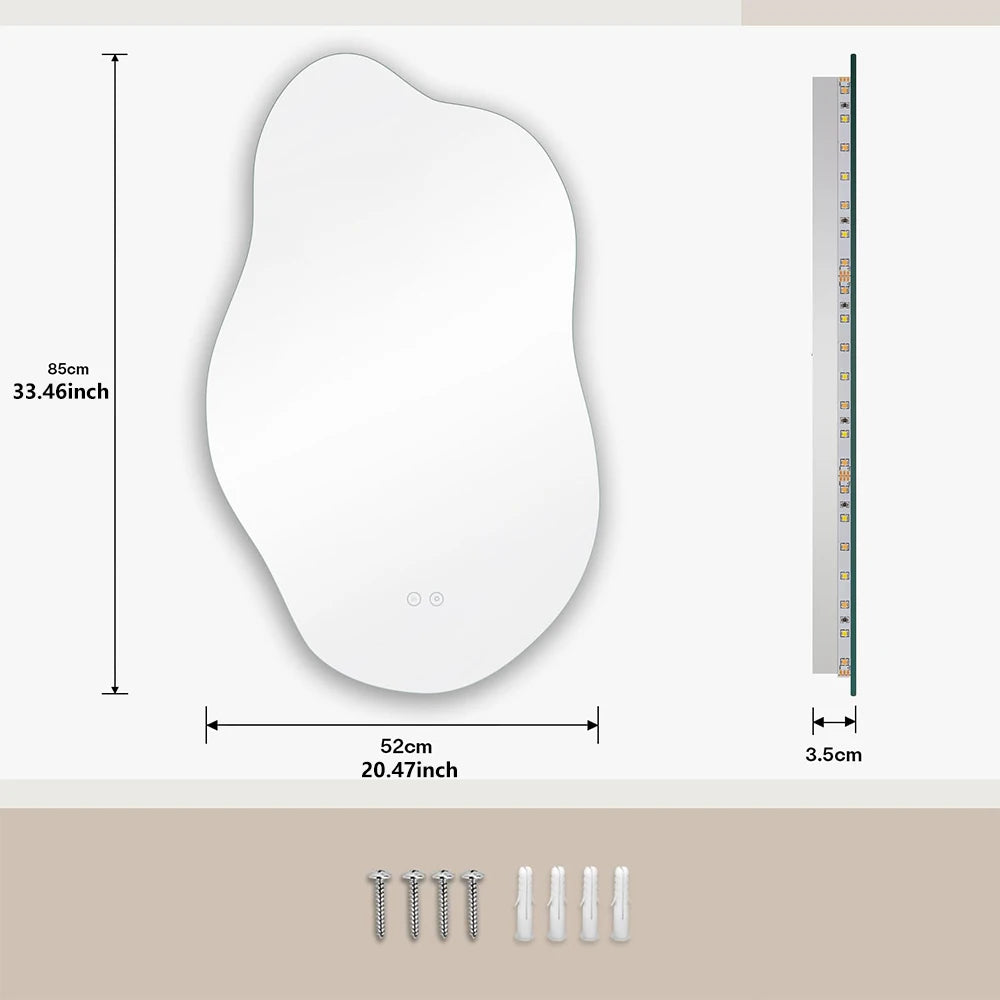 LED Bathroom Mirror,Asymmetrical,Touch Switch,Dimmable,3Cct,Adjustable Bathroom Mirror with Lighting,Anti-Fog, 85 X 52 Cm