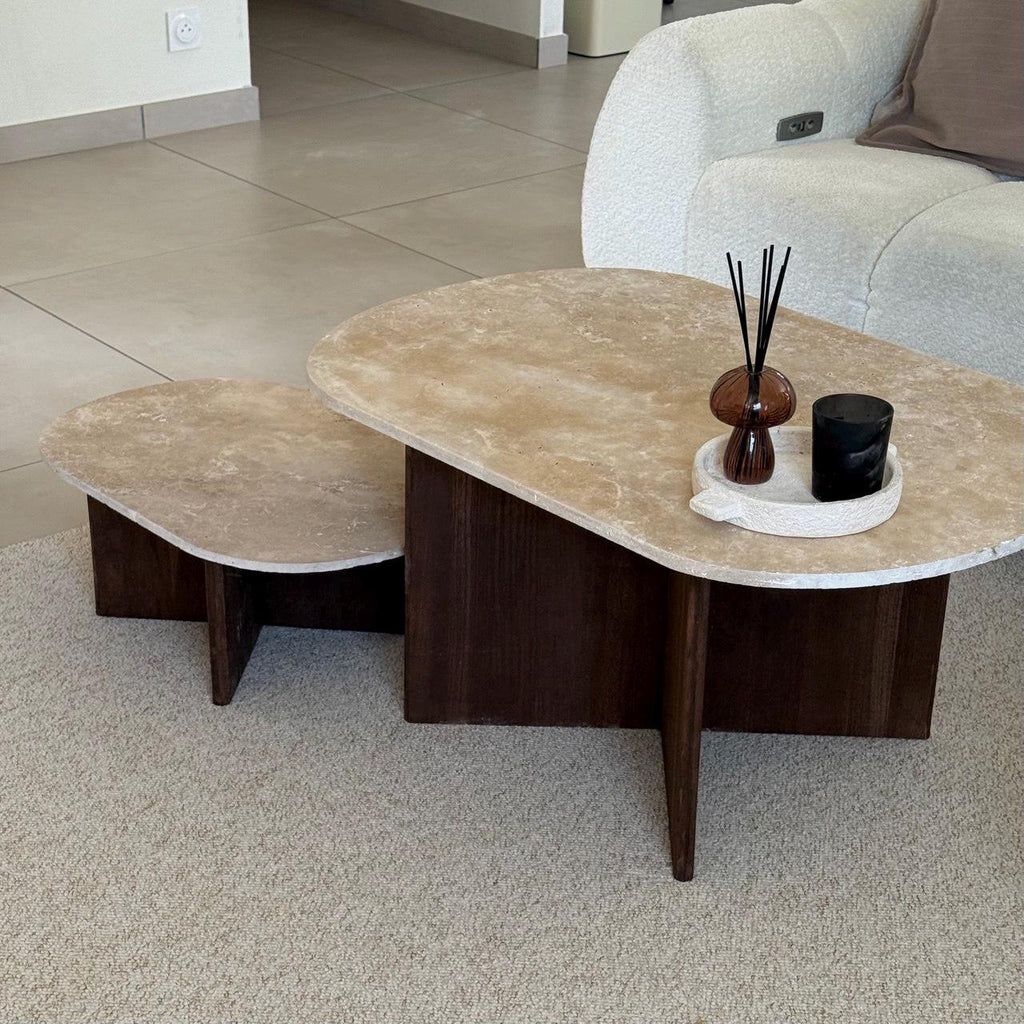 Oval Coffee Table in Travertine and Dark Oak