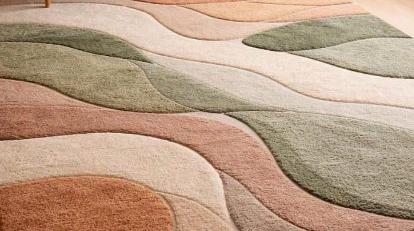 Modern Abstract Hand Tufted Area Rug in Sage Green Terracotta & Beige, High Low Texture Soft Carpet for Living Room