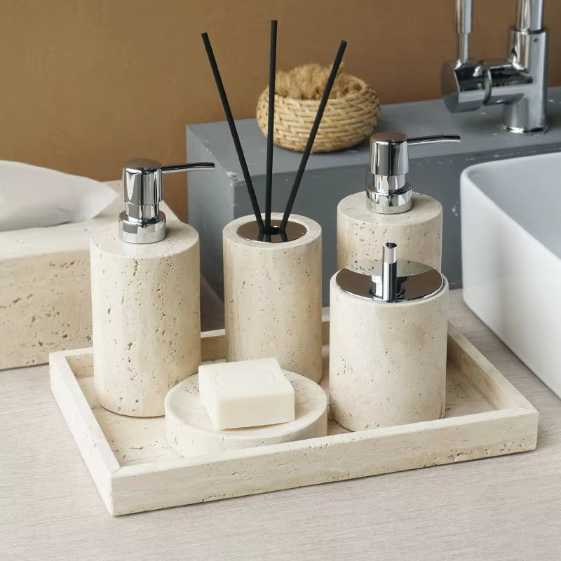 Beige Travertine Bathroom Accessories Set Natural Marble Soap Dispenser Soap Dish Reed Diffuser Vanity Tray Bathroom Set