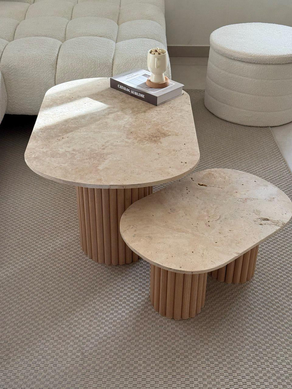Oval "Pillar" Coffee Table, GENUINE Travertine and Fluted Wood | Raw Oak