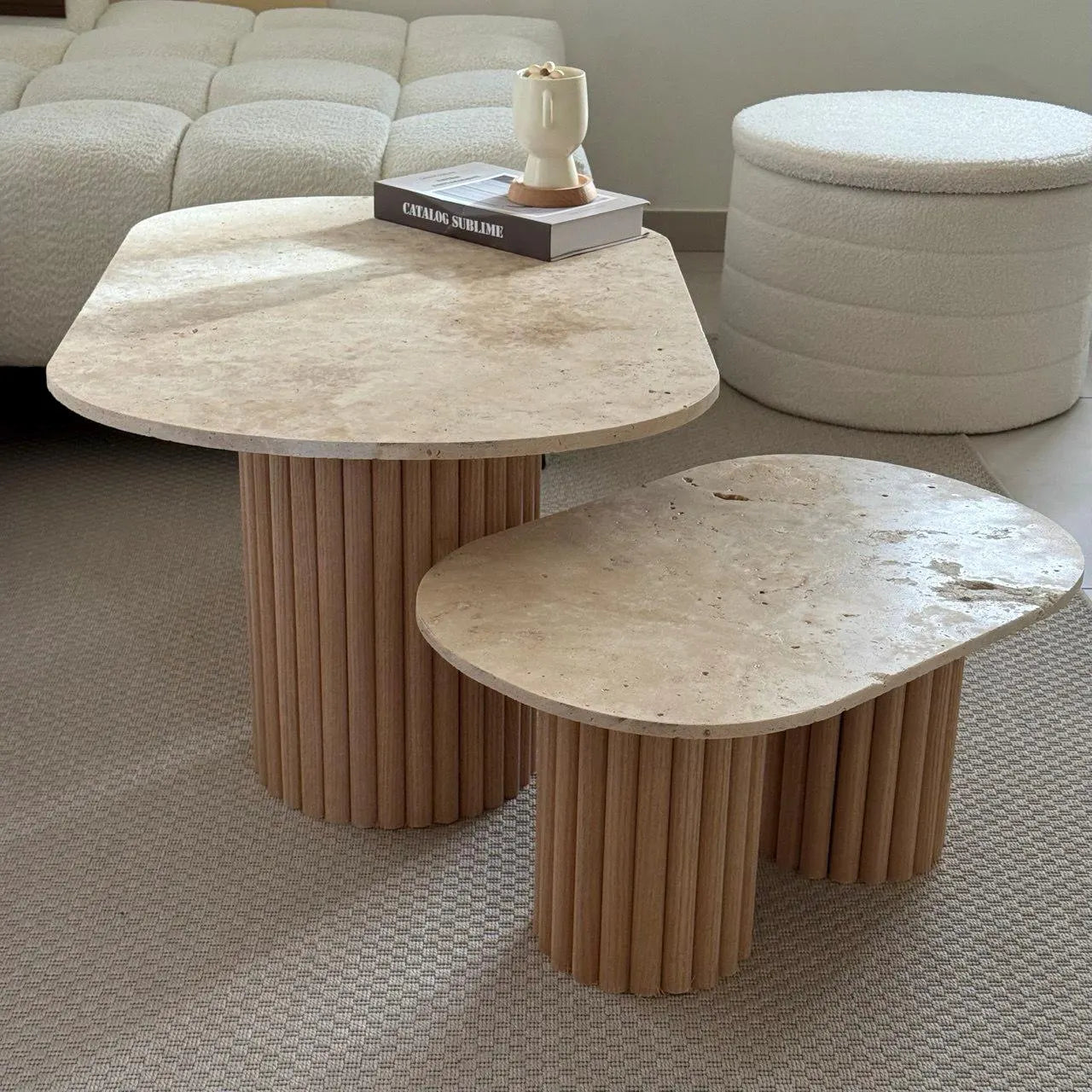 Oval "Pillar" Coffee Table, GENUINE Travertine and Fluted Wood | Raw Oak