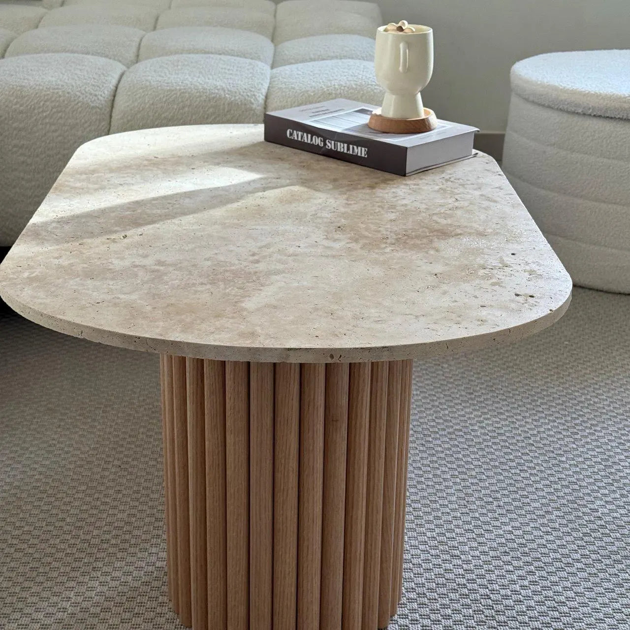 Oval "Pillar" Coffee Table, GENUINE Travertine and Fluted Wood | Raw Oak