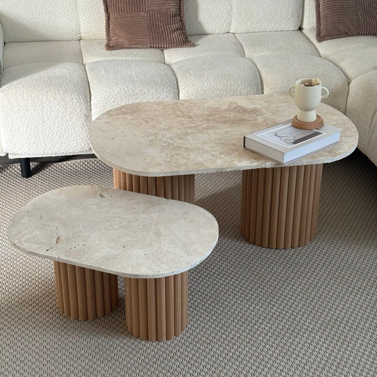 Oval "Pillar" Coffee Table, GENUINE Travertine and Fluted Wood | Raw Oak