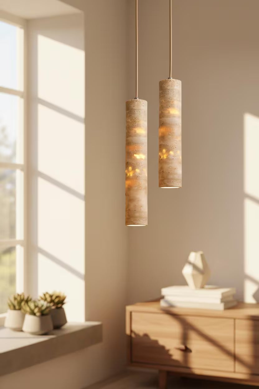 Travertine Pendant Light Cylinder – Wabi Sabi Japandi Stone Lamp, Natural Beige Hanging Light, Kitchen Island Bedside Minimalist Lighting