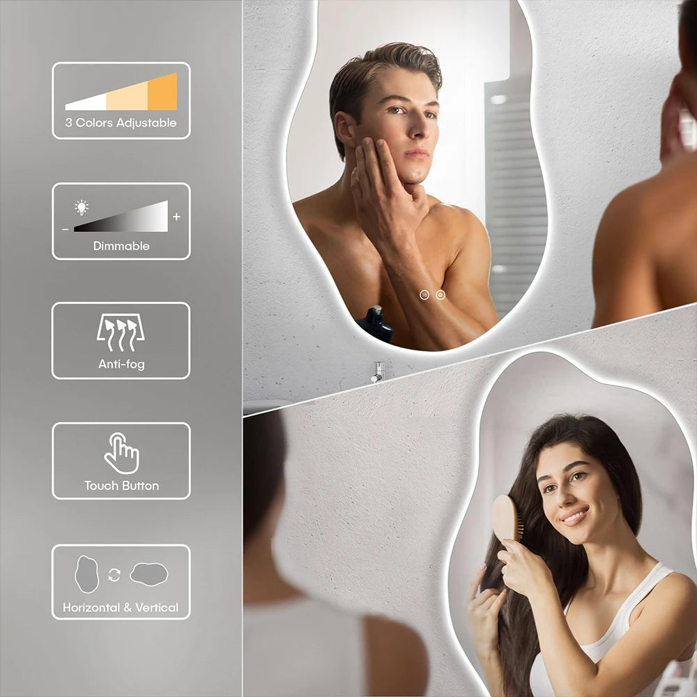 LED Bathroom Mirror,Asymmetrical,Touch Switch,Dimmable,3Cct,Adjustable Bathroom Mirror with Lighting,Anti-Fog, 85 X 52 Cm