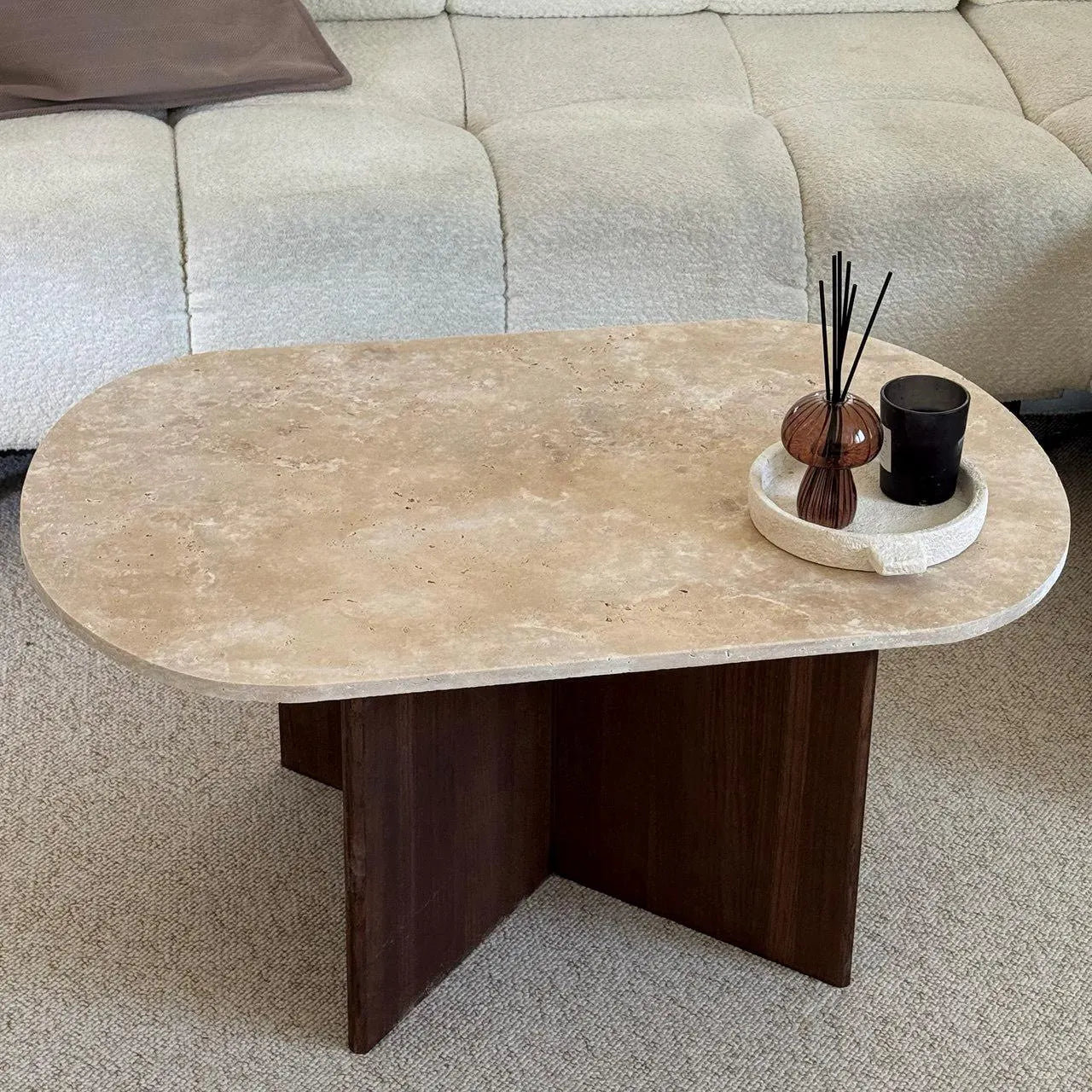 Oval Coffee Table in Travertine and Dark Oak