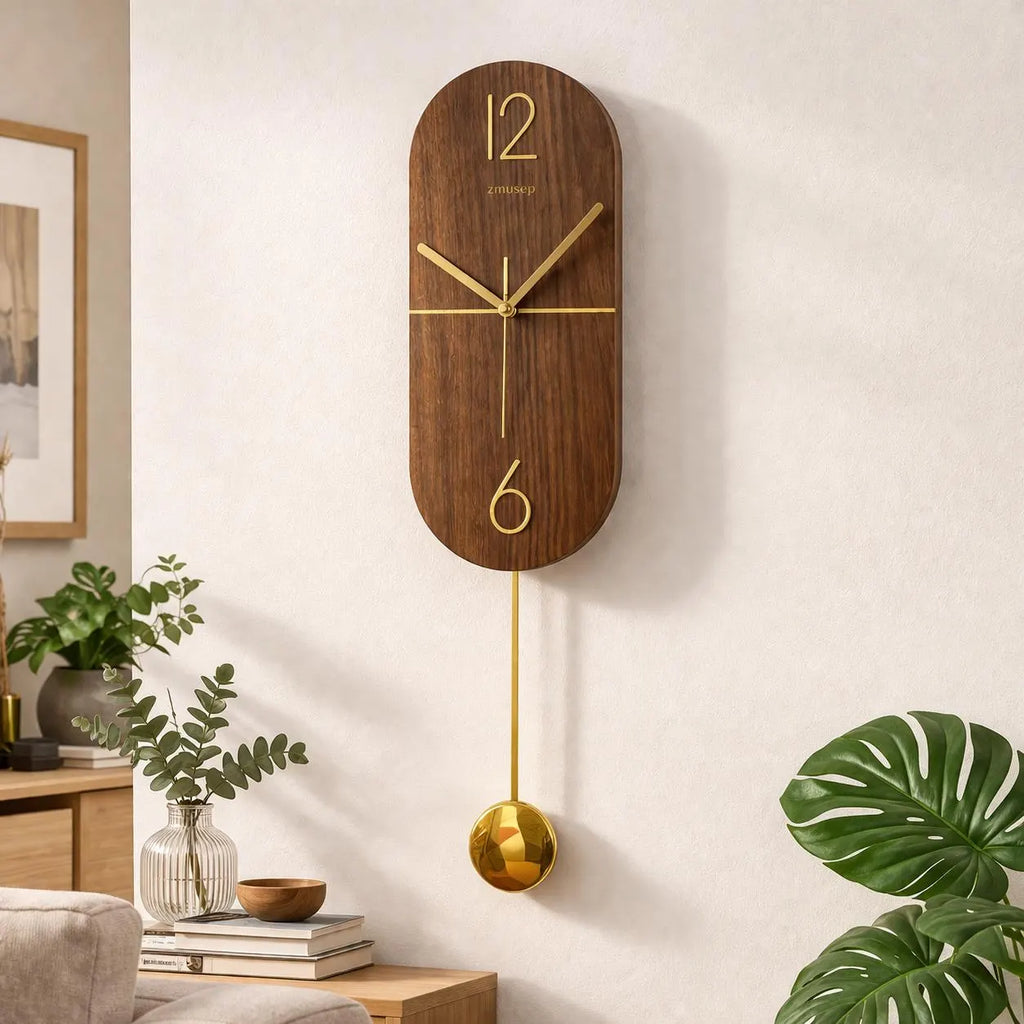 Walnut Oval Wall Clock, Silent Pendulum, Modern Minimalist Home Decor