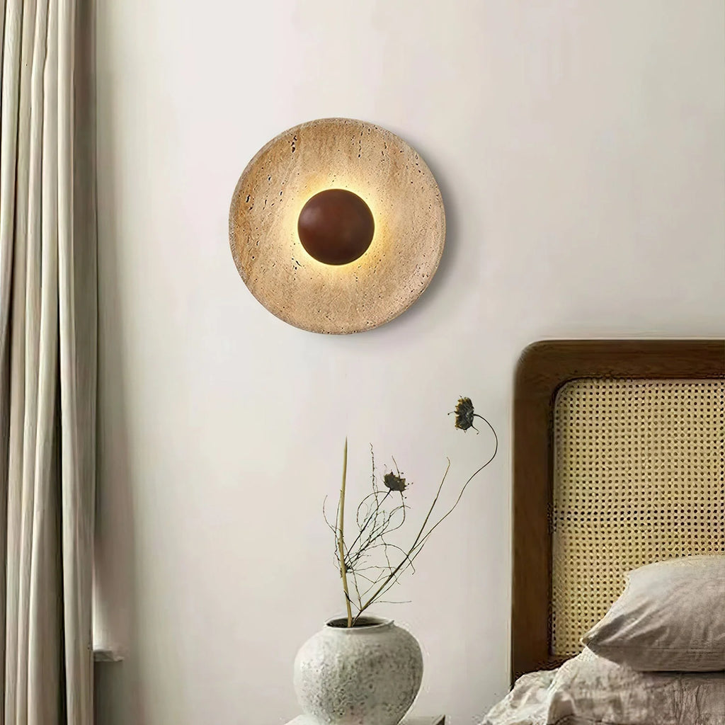 Wandlamp Travertin Hout Rond Warm Licht Woonkamer Slaapkamer Hal Natuursteen Design Wandverlichting Binnen | Restfield