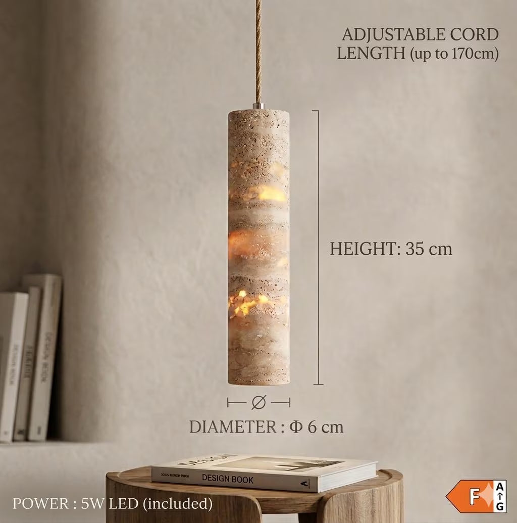 Travertine Pendant Light Cylinder – Wabi Sabi Japandi Stone Lamp, Natural Beige Hanging Light, Kitchen Island Bedside Minimalist Lighting