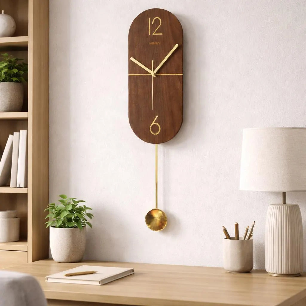 Walnut Oval Wall Clock, Silent Pendulum, Modern Minimalist Home Decor