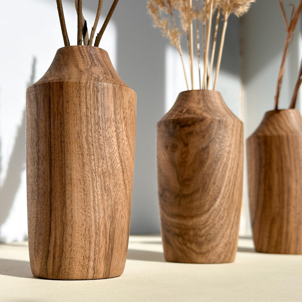 Handcrafted Walnut Wood Vase: Natural Home Decor for Dried Flowers