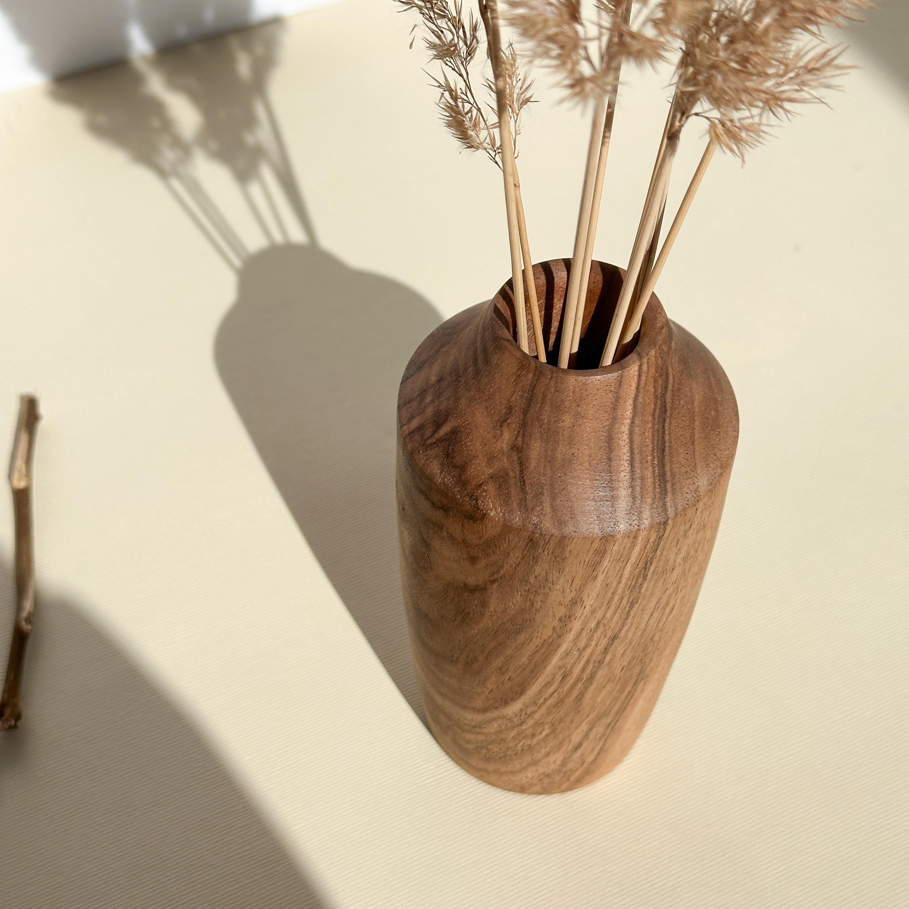 Handcrafted Walnut Wood Vase: Natural Home Decor for Dried Flowers
